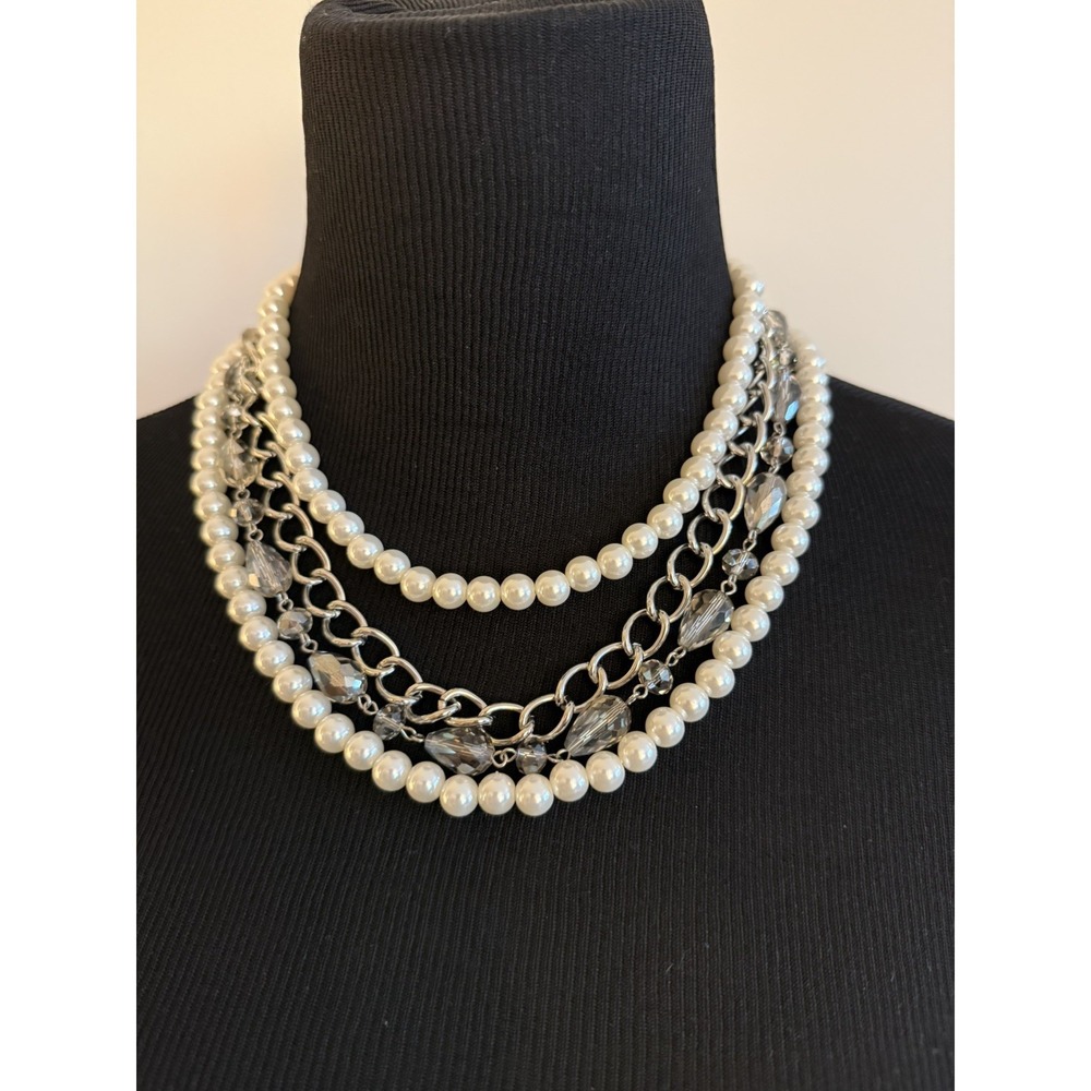 Premier Designs Layered Multi-Strand Silver Chain Necklace Crystals & Faux Pearl